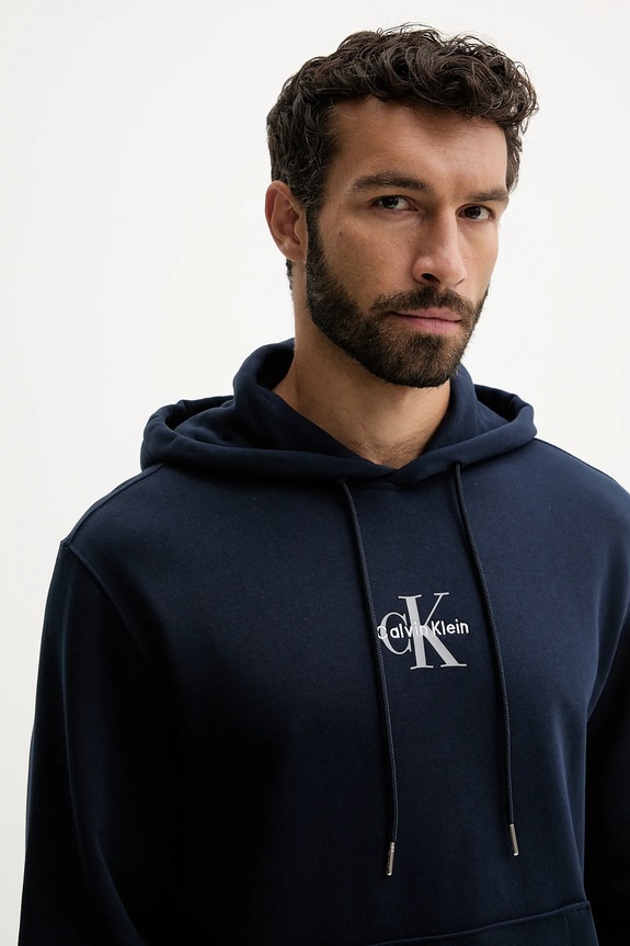 Ρούχα Calvin Klein Jeans μπλούζα με κουκούλα ανδρική βαμβακερή LV04RD243G σκούρο μπλε