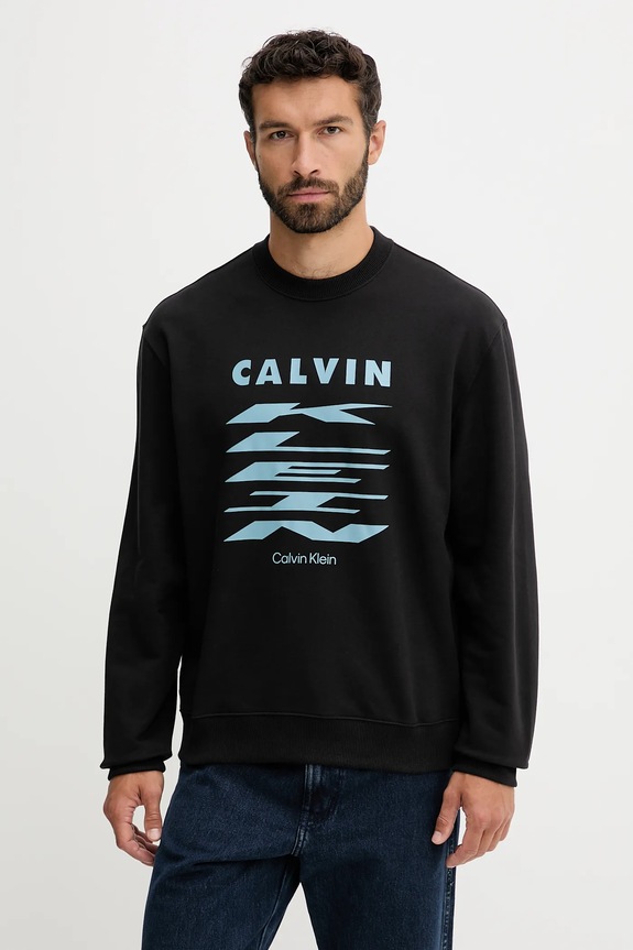 Βαμβακερή μπλούζα Calvin Klein Jeans χωρίς κουκούλα μαύρο LV04RD256G
