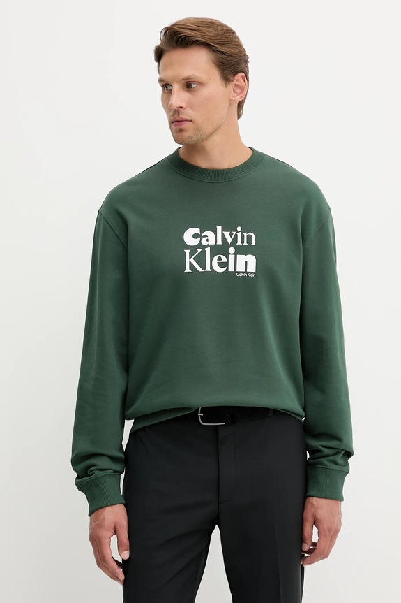 Βαμβακερή μπλούζα Calvin Klein χωρίς κουκούλα πράσινο LV04LD242G