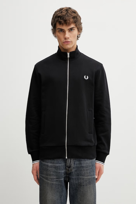 Fred Perry felpa con cerniera in cotone da uomo semplice nero J1327