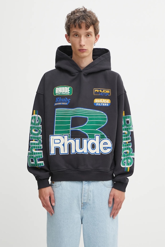 Bavlněná mikina RHUDE Roadway Racing potisk černá RHPF25HO08012