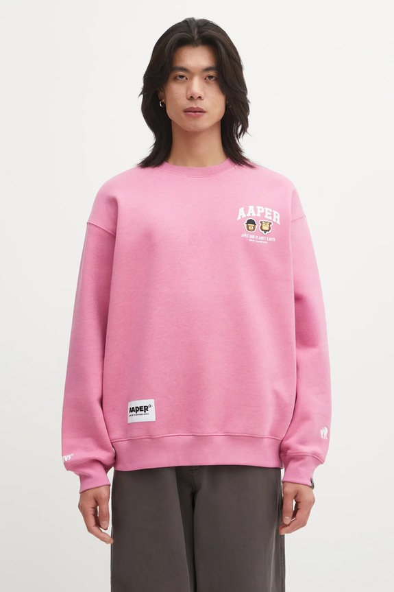 Суичър AAPE Aaper Crew Neck надпис розов AAPSWMC366XAP
