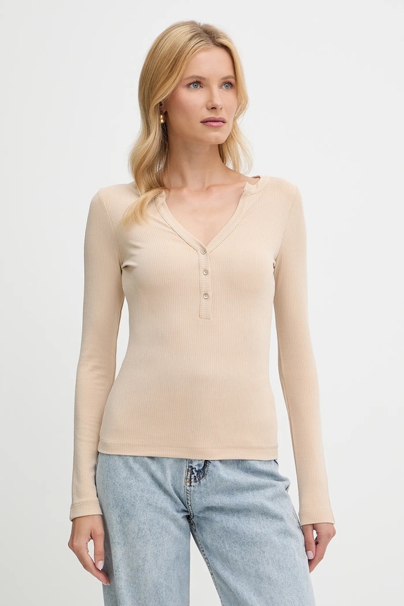 Majica dugih rukava Guess LENA bez uzorka bež W5YP12.KCTC2