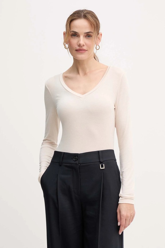 United Colors of Benetton longsleeve din amestec de cașmir uni bej 3LRU3M076