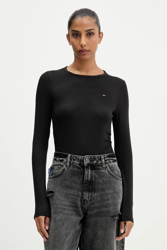 Tričko s dlhým rukávom Tommy Jeans slim čierna DW0DW21568