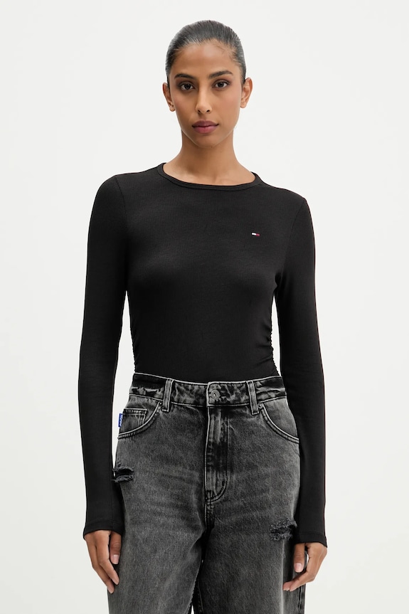 Tričko s dlhým rukávom Tommy Jeans slim čierna DW0DW21568