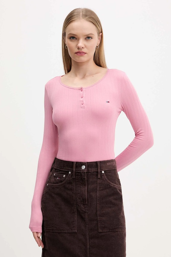 Majica dugih rukava Tommy Jeans bez uzorka roza DW0DW21575