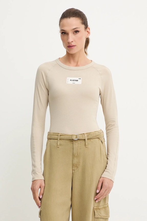 Bavlnené tričko s dlhým rukávom G-Star Embro patch slim nášivka béžová D27740.D961