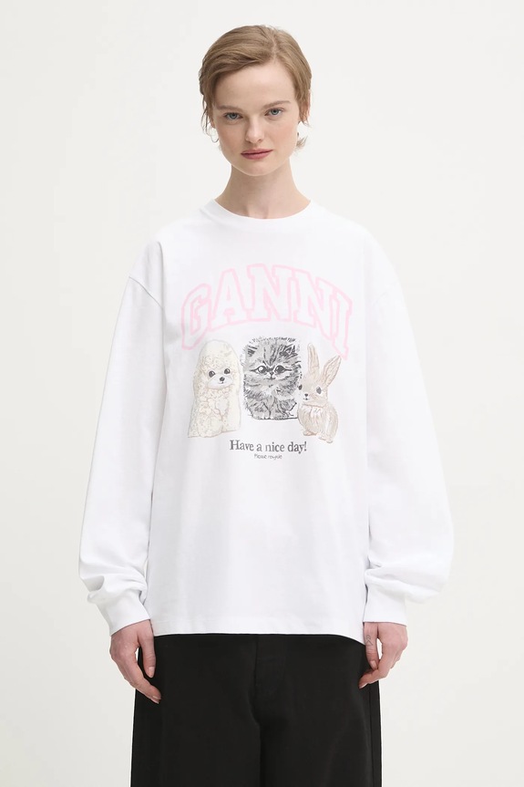 GANNI longsleeve bawełniany Re-cut Heavy Jersey Animals nadruk biały T4275