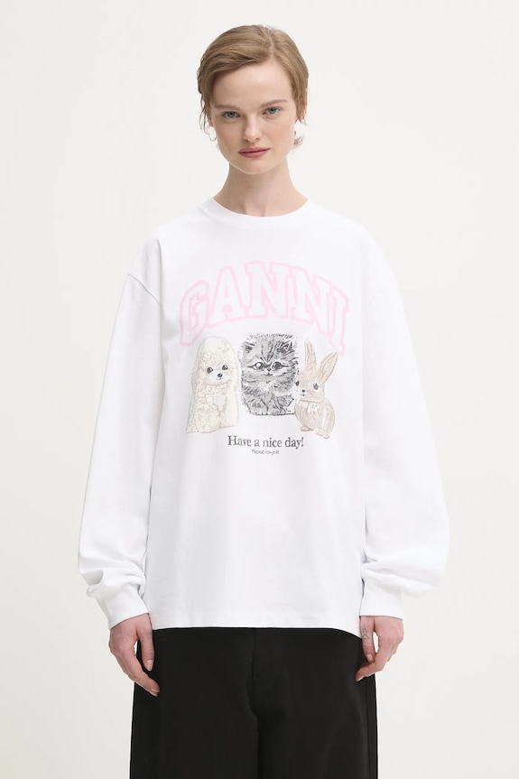 GANNI longsleeve bawełniany Re-cut Heavy Jersey Animals nadruk biały T4275