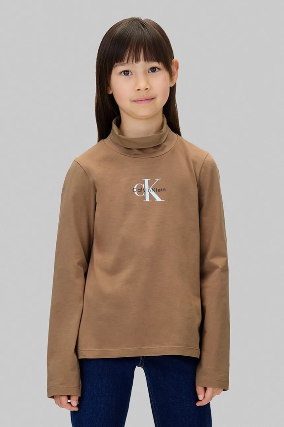 Detské bavlnené tričko s dlhým rukávom Calvin Klein Jeans s elastanom hnedá IG0IG03044.9BYA