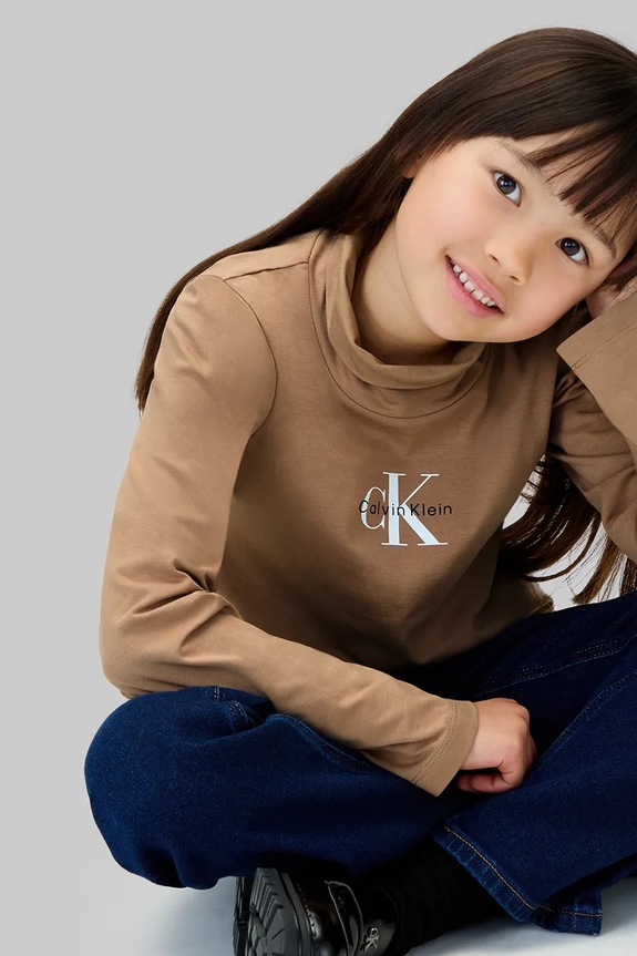Detské bavlnené tričko s dlhým rukávom Calvin Klein Jeans IG0IG03044.9BYA hnedá