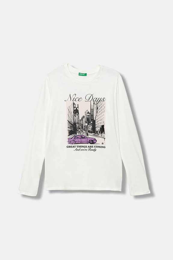 Otroška bombažna majica z dolgimi rokavi United Colors of Benetton Okrogel bela 35RYC10QE.G.seasonal