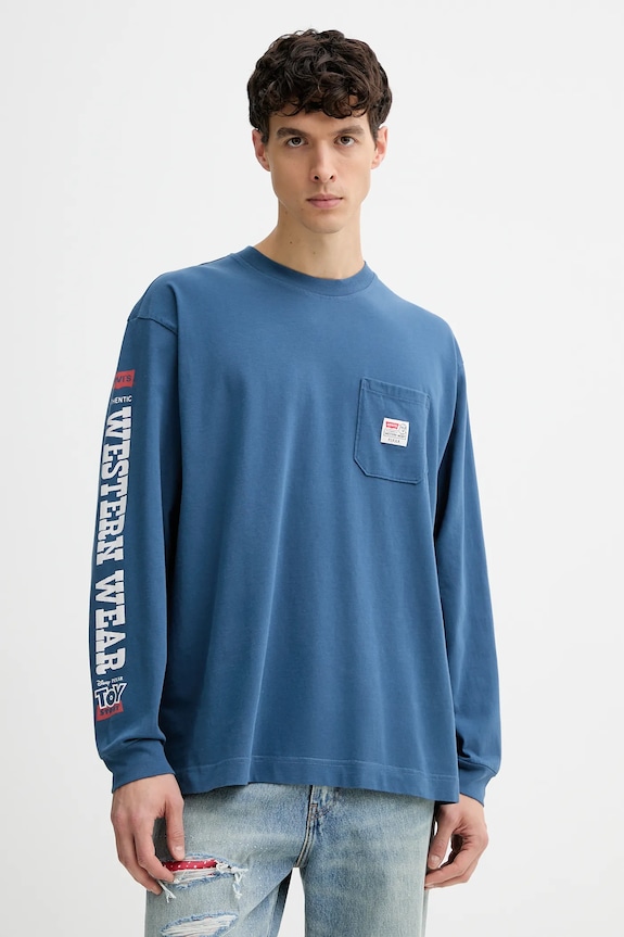 Bombažna majica z dolgimi rokavi Levi's Okrogel modra 0034Q