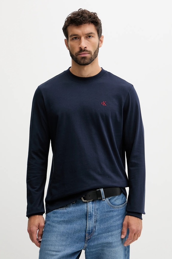 Βαμβακερή μπλούζα με μακριά μανίκια Calvin Klein Jeans βαμβάκι σκούρο μπλε LV04RD247G