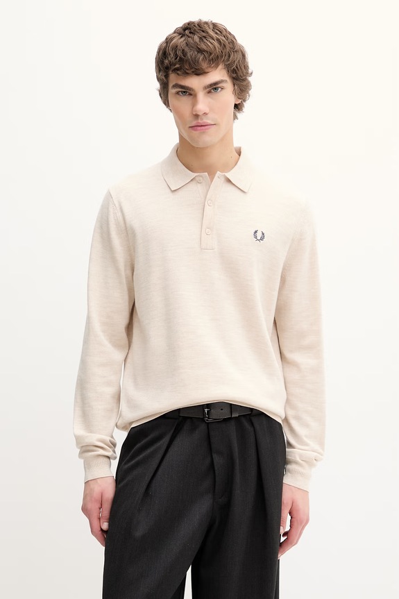 Fred Perry sweter z wełną zapinany beżowy K4535