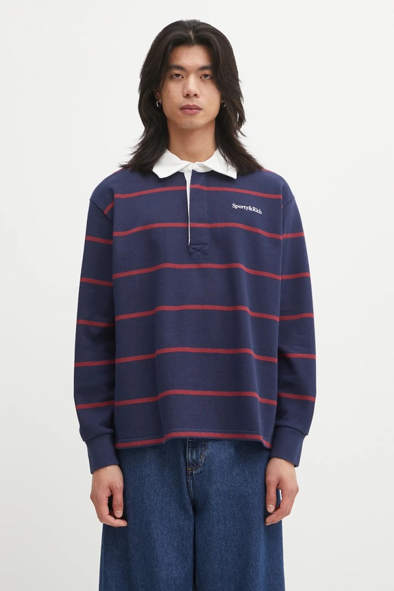 Sporty & Rich top a maniche lunghe in cotone Serif Logo Rugby rilassato blu navy TO09562300BL134
