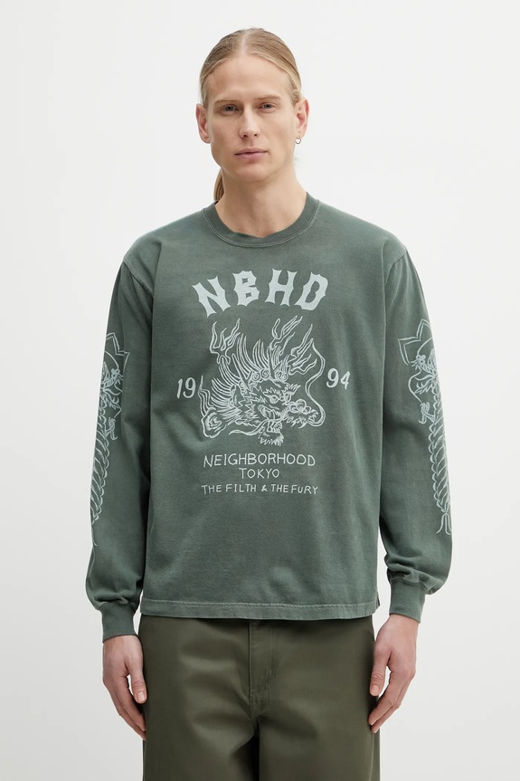 Bavlnené tričko s dlhým rukávom NEIGHBORHOOD NH . TEE LS-14 relaxed zelená 252PCNH.LT14