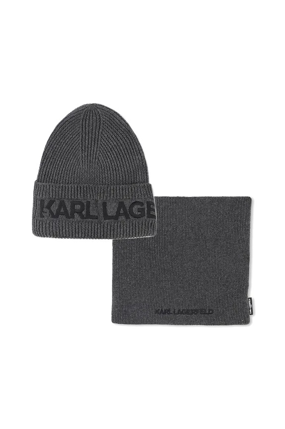 Παιδικός σκούφος και κασκόλ από βαμβάκι Karl Lagerfeld απλικέ γκρί Z31031.50.56