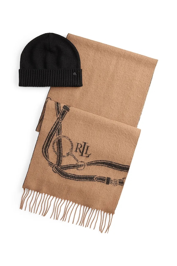 Lauren Ralph Lauren căciulă si eșarfă din amestec de lână imprimeu bej 454P04494