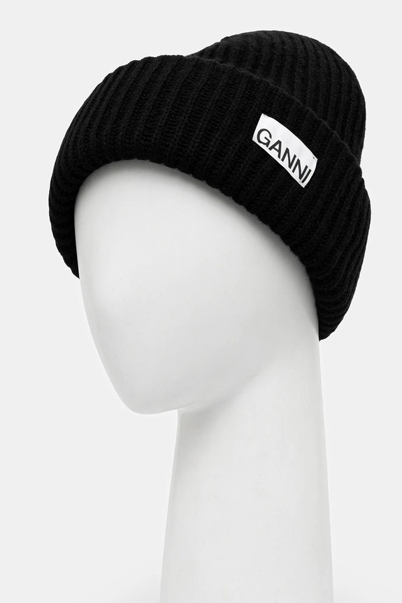 GANNI czapka z dodatkiem wełny Structured Rib A4429 czarny AW25