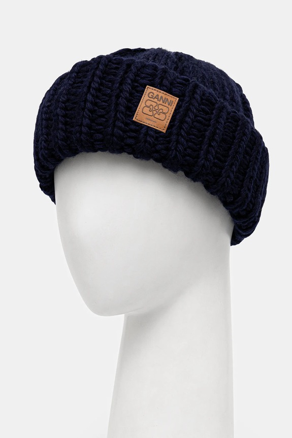 GANNI czapka wełniana Graphic Wool Hand Knit A7171 granatowy AW25