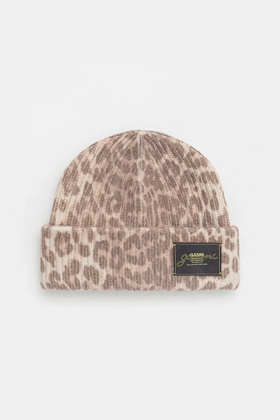 GANNI czapka z dodatkiem wełny Graphic Wool Mix Printed Leopard gruba brązowy A6658