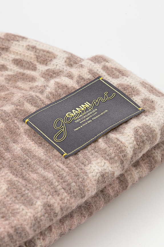Akcesoria GANNI czapka z dodatkiem wełny Graphic Wool Mix Printed Leopard A6658 brązowy