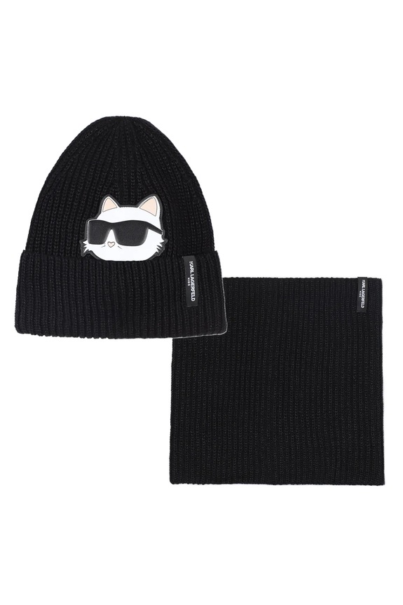 Karl Lagerfeld czapka i szalik bawełniany dziecięcy aplikacja czarny Z31010.50.56
