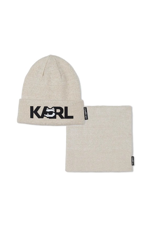 Παιδικός σκούφος και κασκόλ από βαμβάκι Karl Lagerfeld απλικέ μπεζ Z31013.56.58