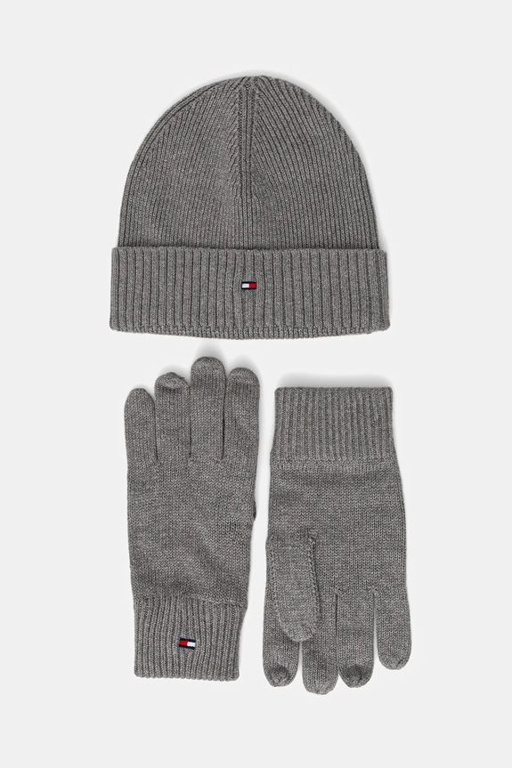 Tommy Hilfiger pălărie și mănuși din amestec de cașmir 2-pack uni gri AM0AM13806