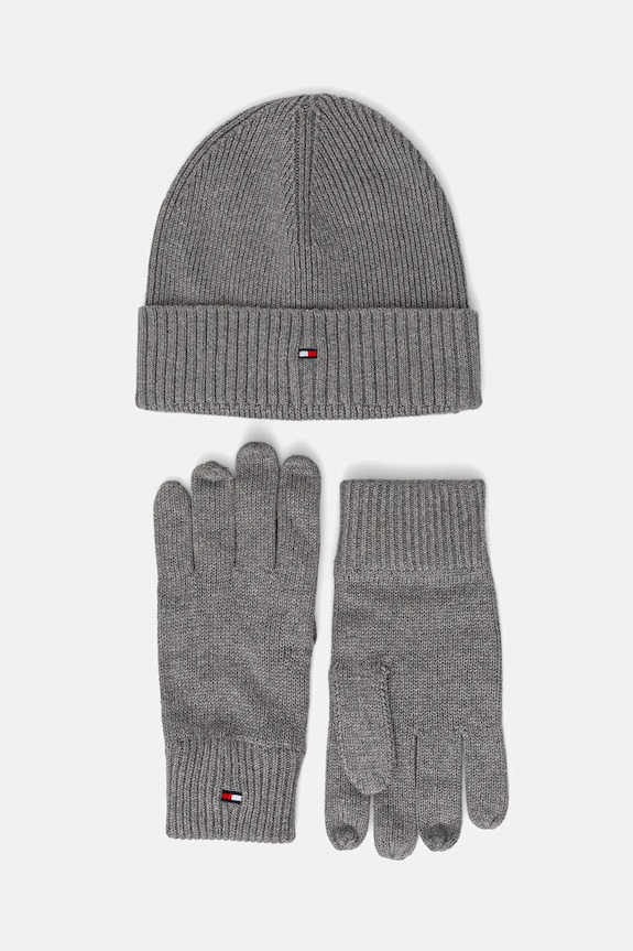Tommy Hilfiger pălărie și mănuși din amestec de cașmir 2-pack uni gri AM0AM13806