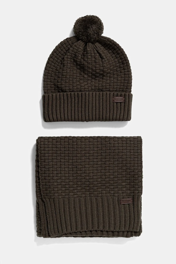 Σκούφος και κασκόλ Barbour απλό πράσινο MGS0097
