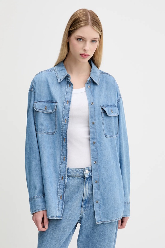 Памучна риза Tommy Jeans свободна син DW0DW21073