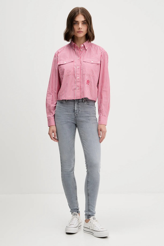 Βαμβακερό πουκάμισο Tommy Jeans DW0DW21453 ροζ AW25