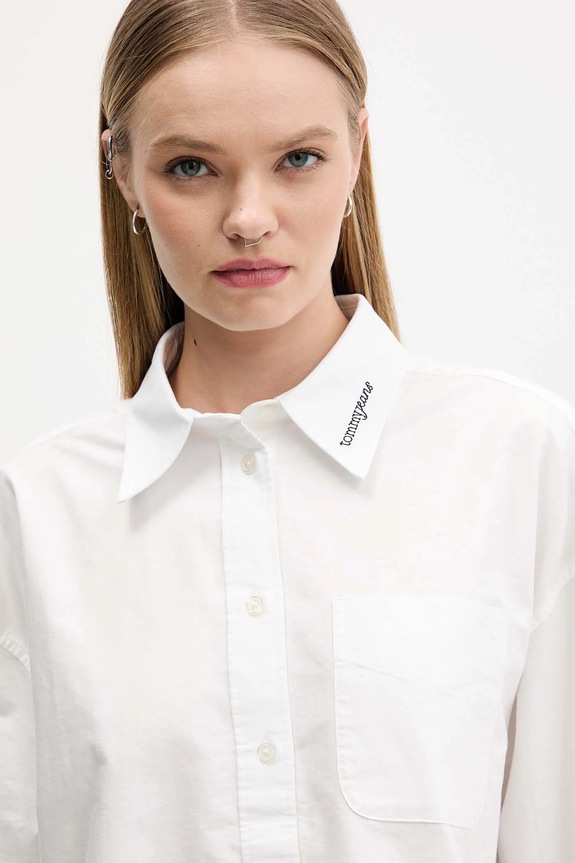 Βαμβακερό πουκάμισο Tommy Jeans λευκό DW0DW21455