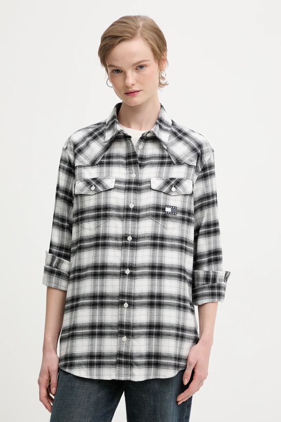 Bavlnená košeľa Tommy Jeans káro čierna DW0DW21456