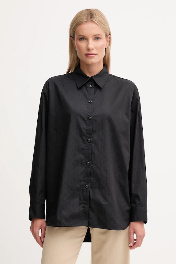 Bombažna srajca Calvin Klein Jeans Dolg črna LV044D167G
