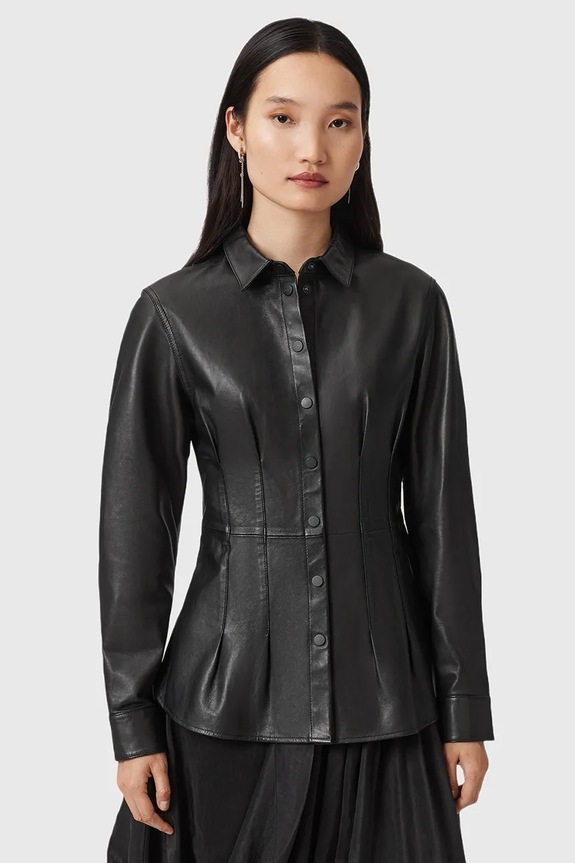 AllSaints bőr ing LARSON sima fekete W034PD