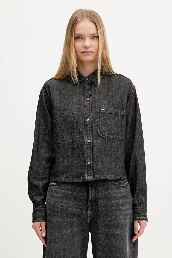 Βαμβακερό πουκάμισο Guess Jeans μακρύ μαύρο W5BH0D.D6161