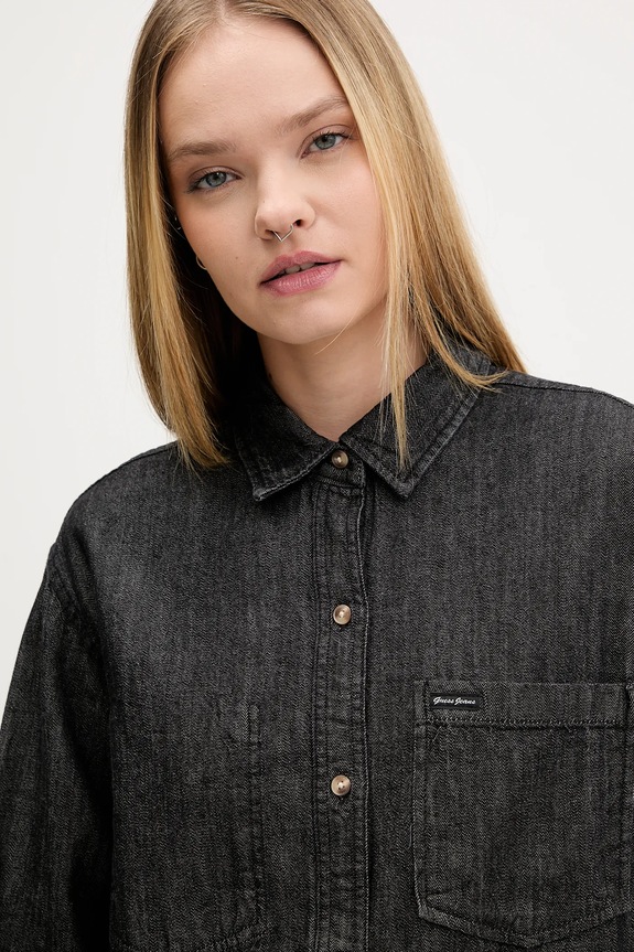 Βαμβακερό πουκάμισο Guess Jeans μαύρο W5BH0D.D6161