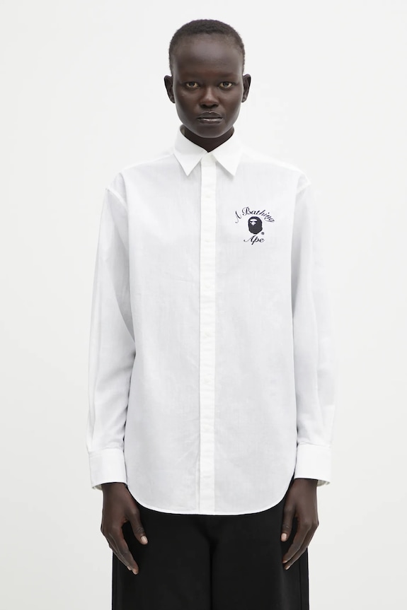 A Bathing Ape camicia in lino misto College applique bianco 001SHL302002L
