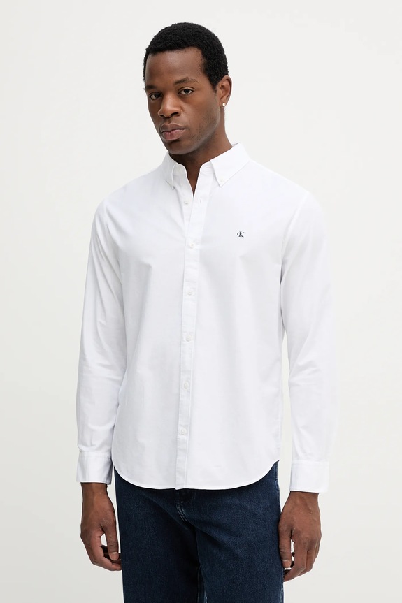Calvin Klein Jeans cămașă de bărbați din bumbac cu elastan lung alb LV140EM125