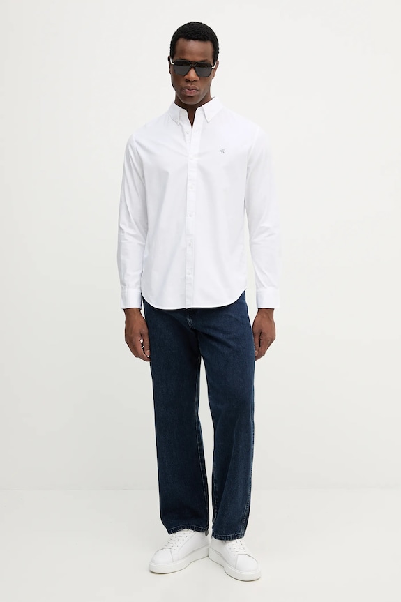 Calvin Klein Jeans cămașă de bărbați din bumbac cu elastan LV140EM125 alb SS26