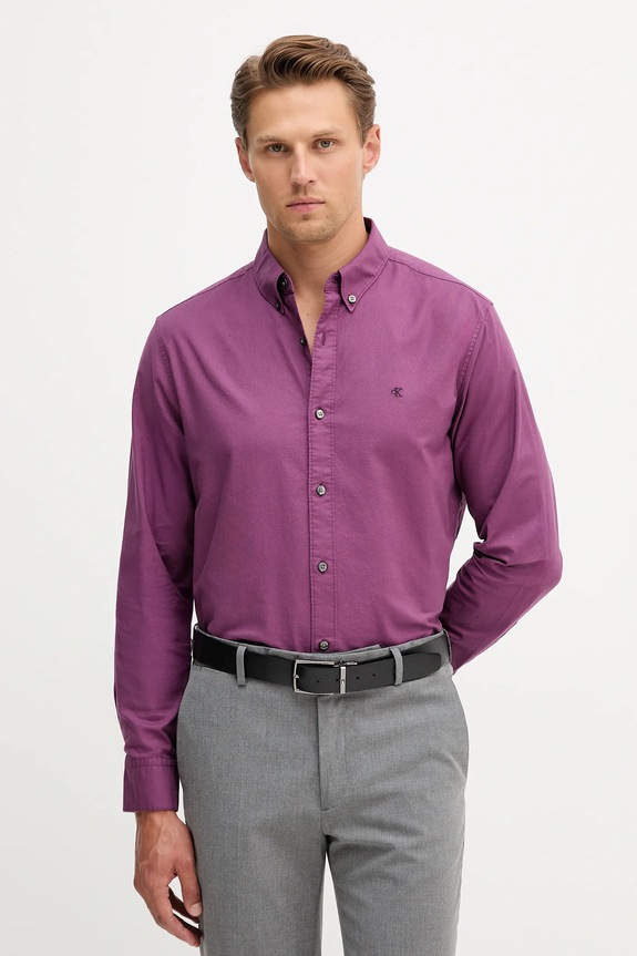 Calvin Klein Jeans cămașă bărbați din bumbac cu elastan lung violet LV140EM125