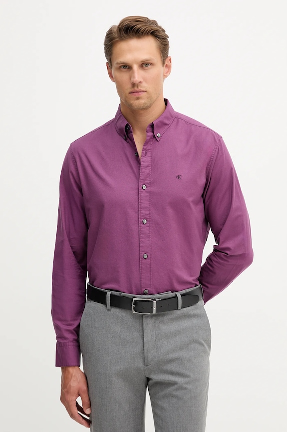 Calvin Klein Jeans cămașă bărbați din bumbac cu elastan lung violet LV140EM125