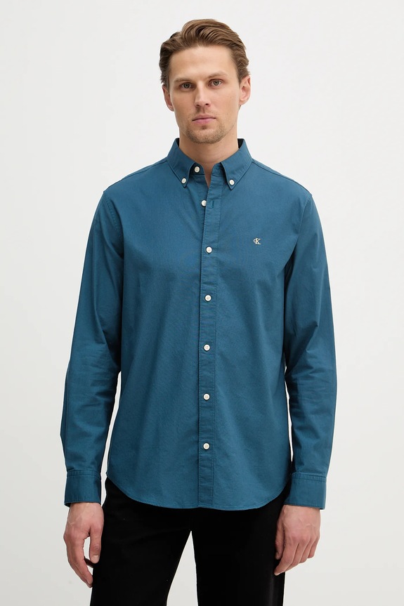 Calvin Klein Jeans риза мъжка от памук с еластан тюркоазен LV140EM125