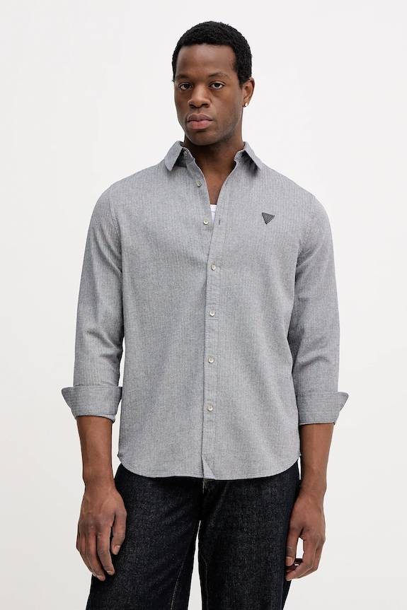 Βαμβακερό πουκάμισο Guess HERRINGBONE επίσημη γκρί M5BH42.W2041