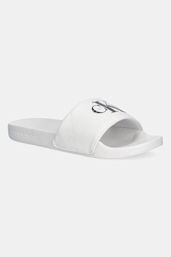 Calvin Klein Jeans klapki SLIDE MONOGRAM WN LOGO CK tekstylny biały YW0YW01967