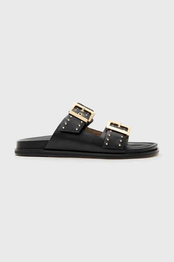 AllSaints klapki skórzane Magda Stud Sandal płaski czarny W114FC